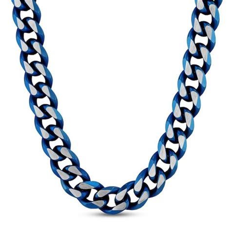 Men’s Box Chain Necklace with Blue in Stainless Steel, 24”